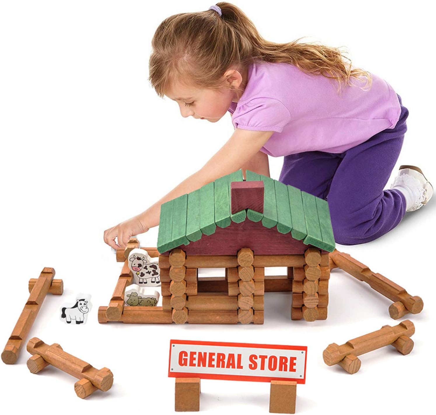 Wondertoys 170 Pieces Wood Logs Set Ages 3+, Classic Building Log Toys for Boy, Creative Construction Engineering Educational Gifts
