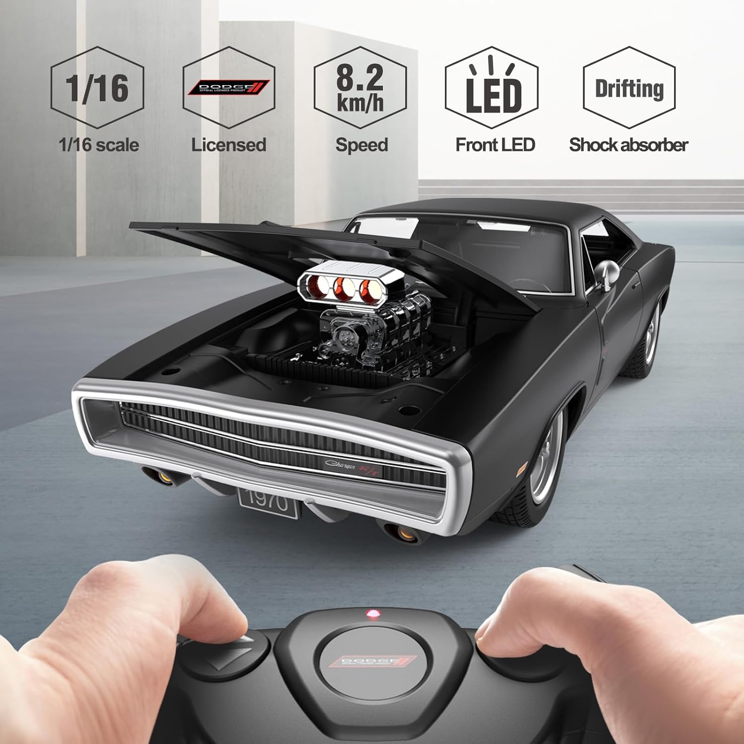 RASTAR RC Cars 1:16 Fast & Furious 1970 Dodge Charger R/T Remote Control Car, Toy Muscle Cars for Boys, Matt Black 2.4G