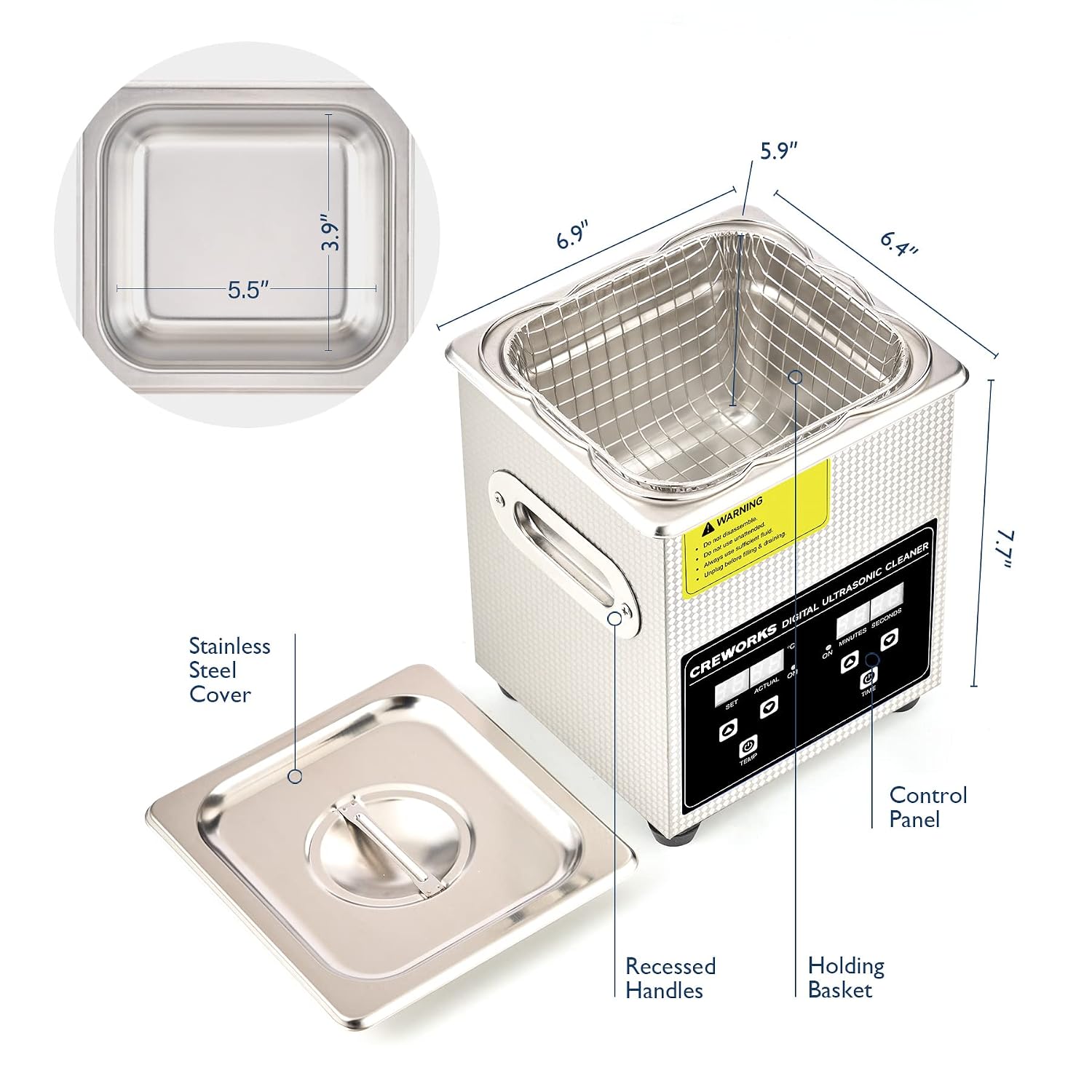 CREWORKS 3L Ultrasonic Cleaner, 0.8 gal Digital Sonic Cavitation Machine | 120W Stainless Steel Professional Jewelry Cleaner for Cleaning Tool Watch Glasses Retainer Denture Parts with Heater & Timer