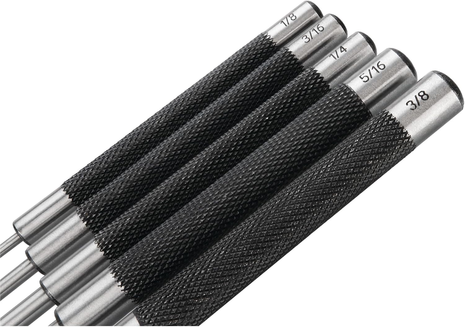 Performance Tool W758 5-Piece 8 in. Long Pin Punch Set | Carbon steel construction with hardened tips. Knurled handles for sure grip. Reaches deeply set pins