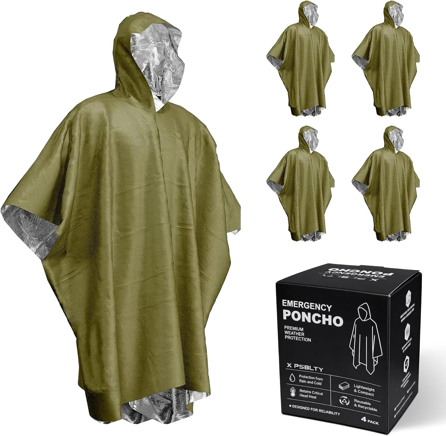 4 Pack Emergency Survival Mylar Poncho | 90% Heat Retention, Waterproof, Windproof, Tear-Resistant, Individually Packed for Hiking, Camping, Car Emergency Kit