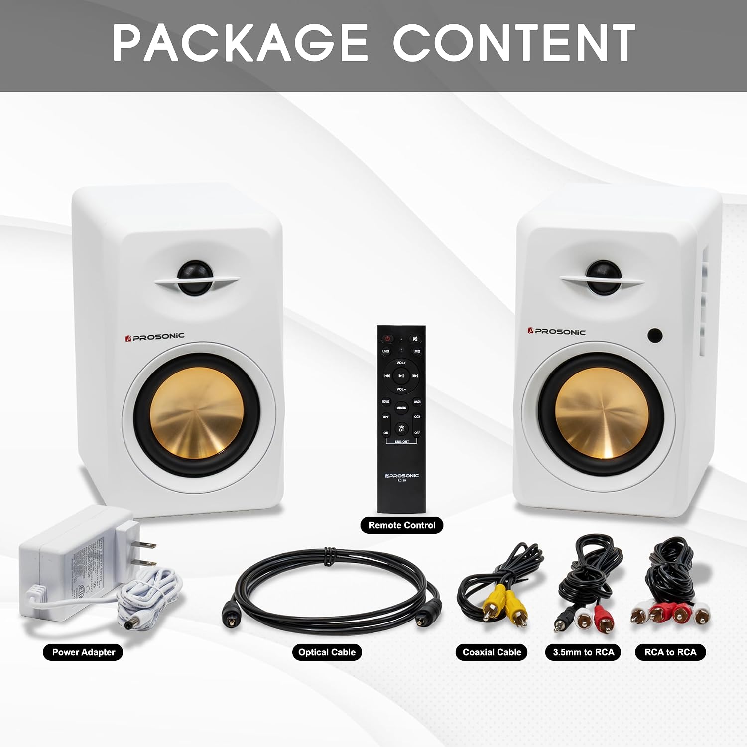 Prosonic BT30 White Bookshelf Speakers - Active Bluetooth 5.3 Powered Studio Monitors