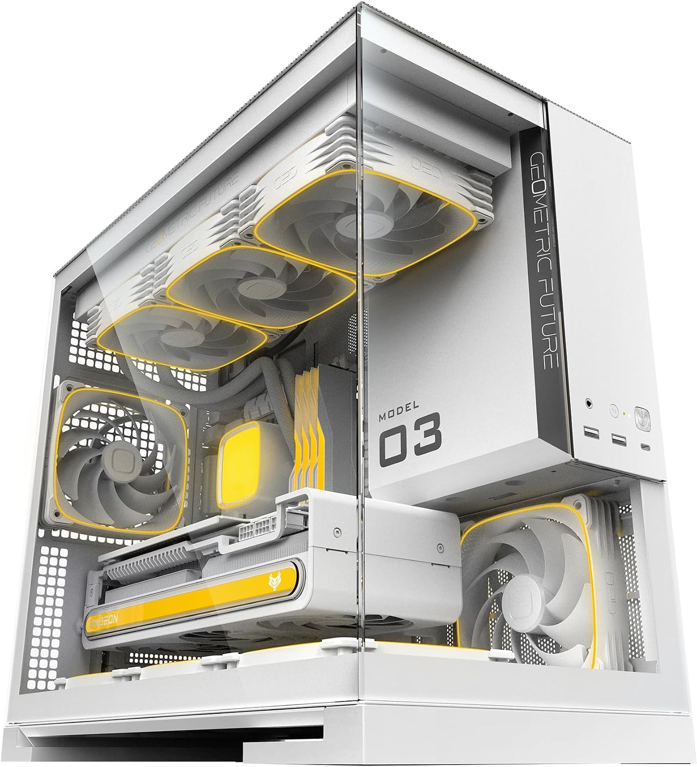 Geometric Future M5 Tempered Glass Mid Tower, E-ATX/ATX Gaming Case, 1.2mm Steel, Type C, Toolless Panels, Support 420/360 Radiator, ARGB PWM 140m Fan x 5 Pre-Installed, Black/Yellow, GEO-M5F-BY