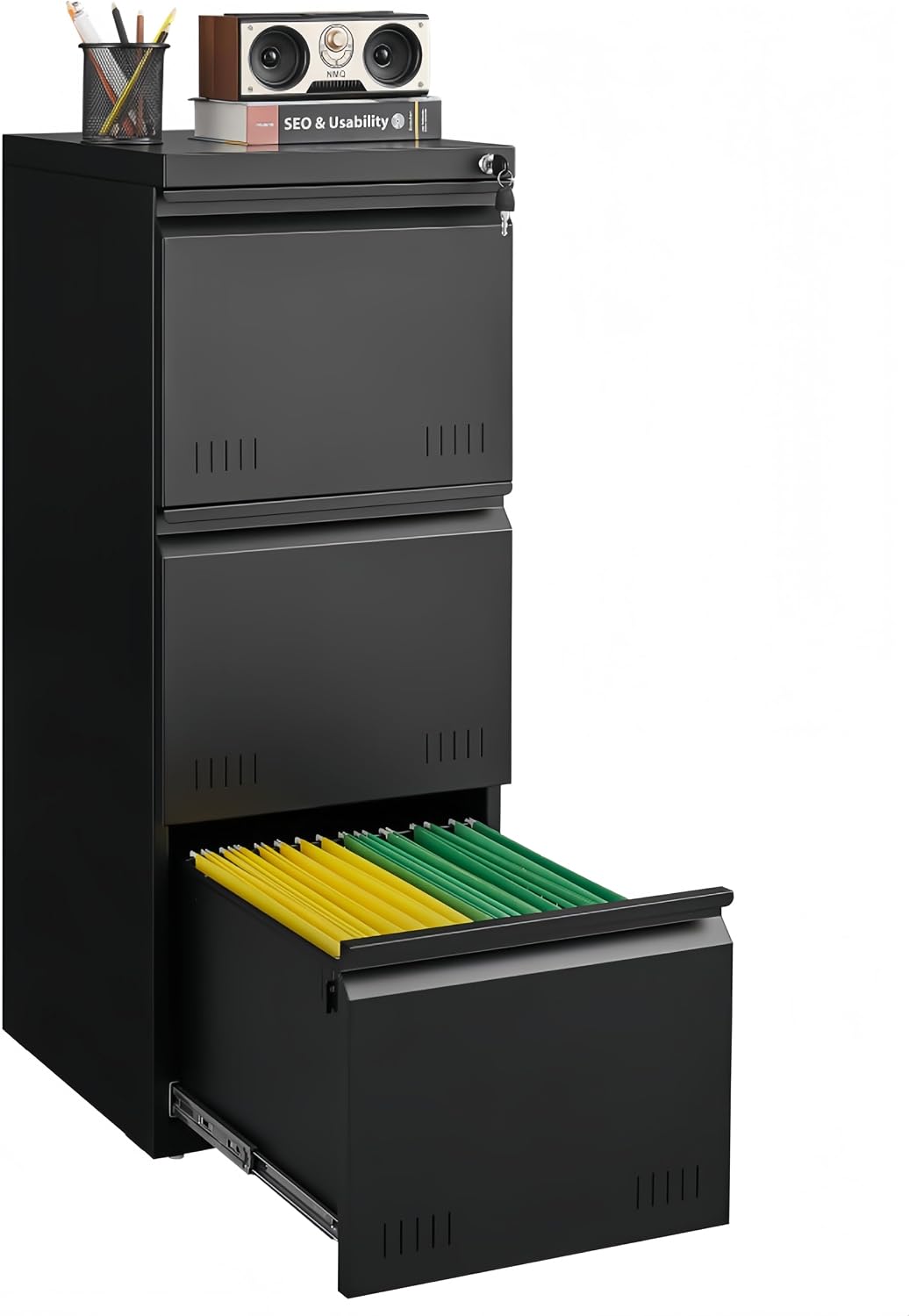 Guizeeopo 3 Drawer File Cabinet with Lock, File Cabinets for Home Office,Under Desk Cabinet, Locking File Cabinet for A4/Letter/Legal, Fully Assembled Expect Casters, Matte White
