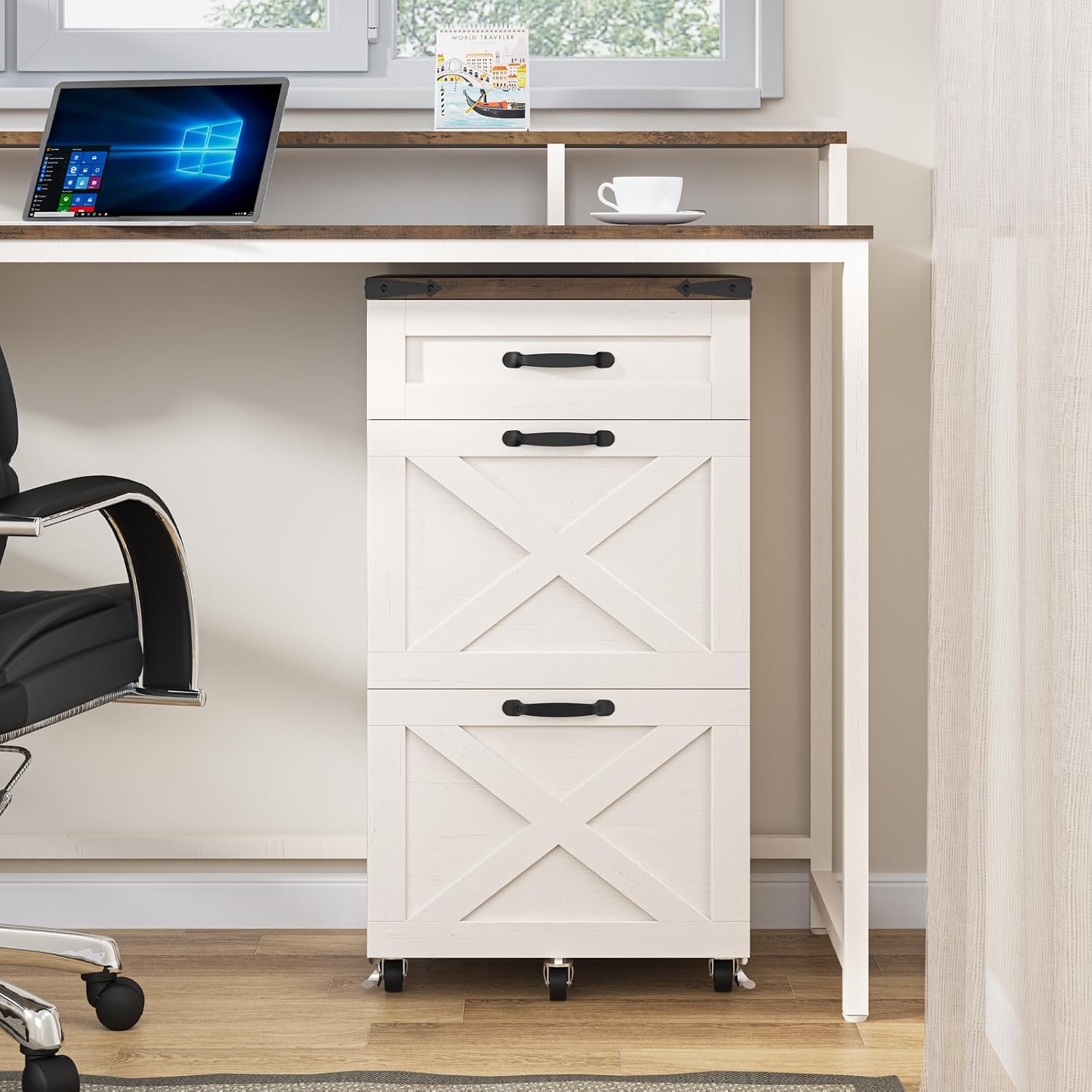 3 Drawers Tall Farmhouse File Cabinet with Wheels for Home Office, Black | Halitaa Vertical Filing Cabinet Fits Letter/A4 Size, Rolling File Cabinet Wooden Printer Stand for Home Office