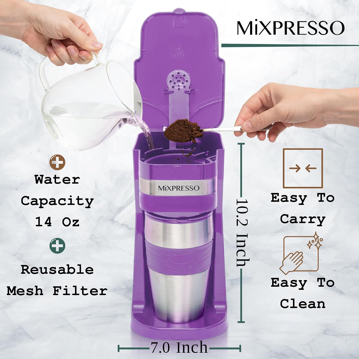 Mixpresso Single Serve & Single Cup Coffee Maker with 14oz Travel Mug Black | For ground coffee only, reusable filter, auto shut off. Compact personal drip coffee maker, not compatible with K-Cup pods.