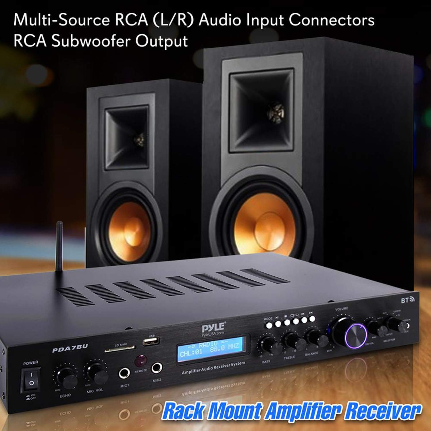 Pyle Bluetooth Home Theater Amplifier - 200 Watts into 5 Channels with Subwoofer Out, Easy Karaoke - Dual Mic, Wireless Streaming