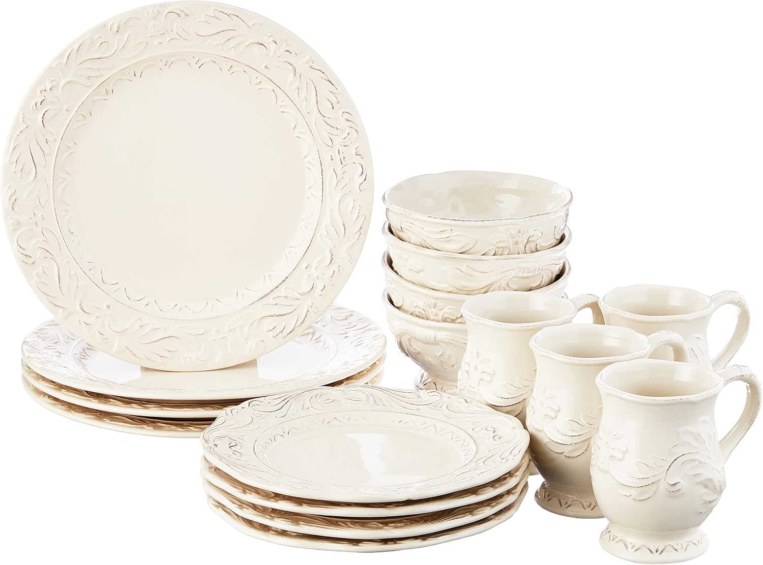 Firenze Ivory 16-Piece Ceramic Dinnerware Set, Service for 4 – Embossed Plates