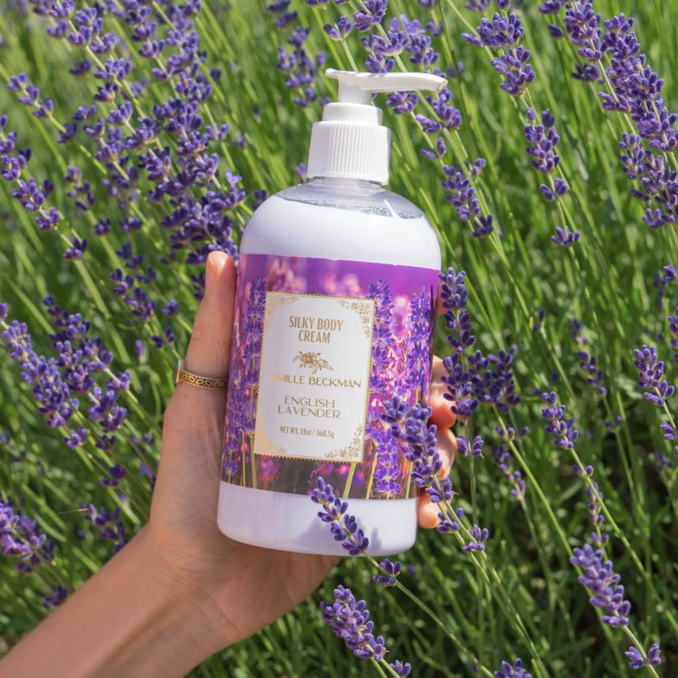 Camille Beckman English Lavender Silky Body Cream, Moisturizer, 13 oz | Sweet almond oil, glycerin, aloe & vitamin E; non-greasy vegan formula; fresh lavender scent; for all skin types; USA made