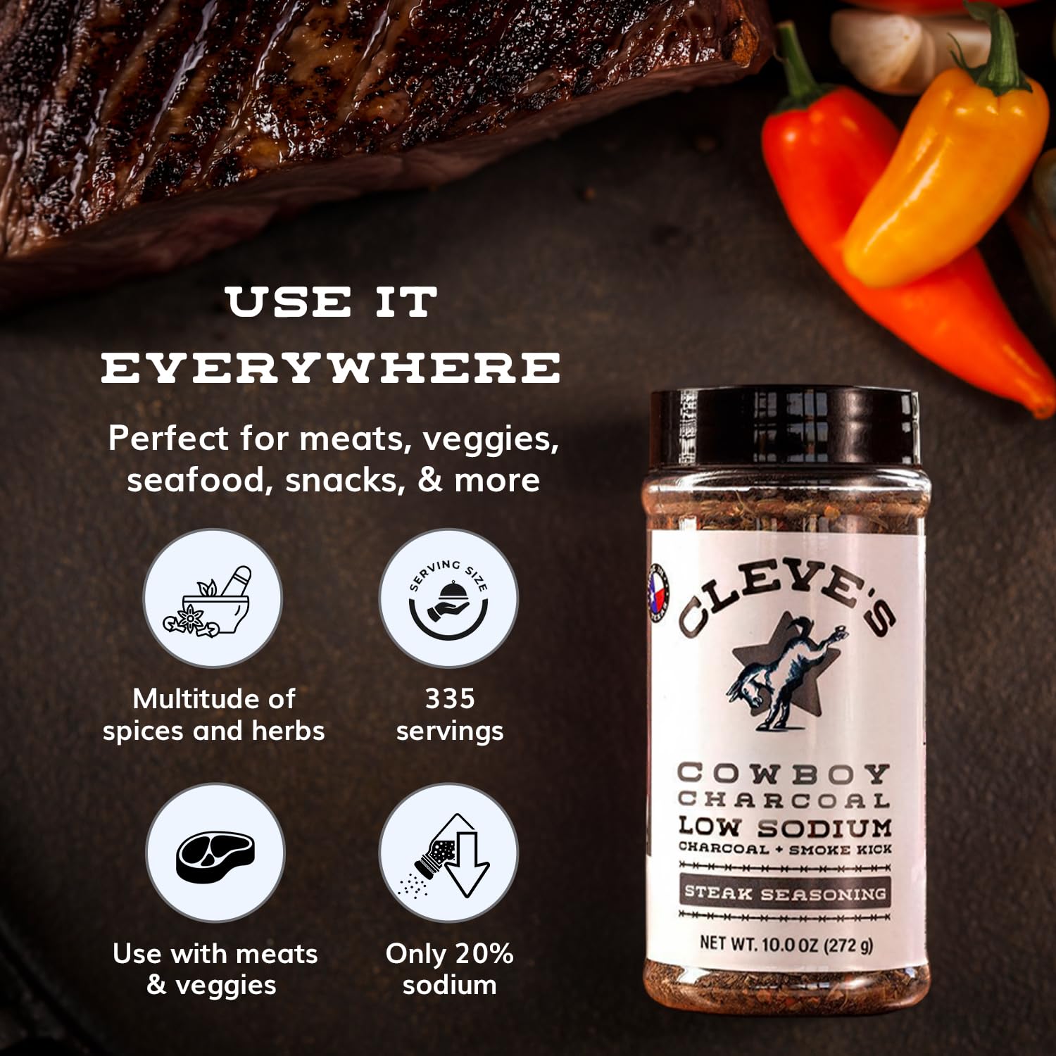 Cleve's Gourmet, Steak Seasoning for Grilling & Cooking, Steak Rub with Smoky Charred Flavor, Prime Rib Seasoning & Beef Seasoning, (Small, Cowboy Charcoal Steak Seasoning)