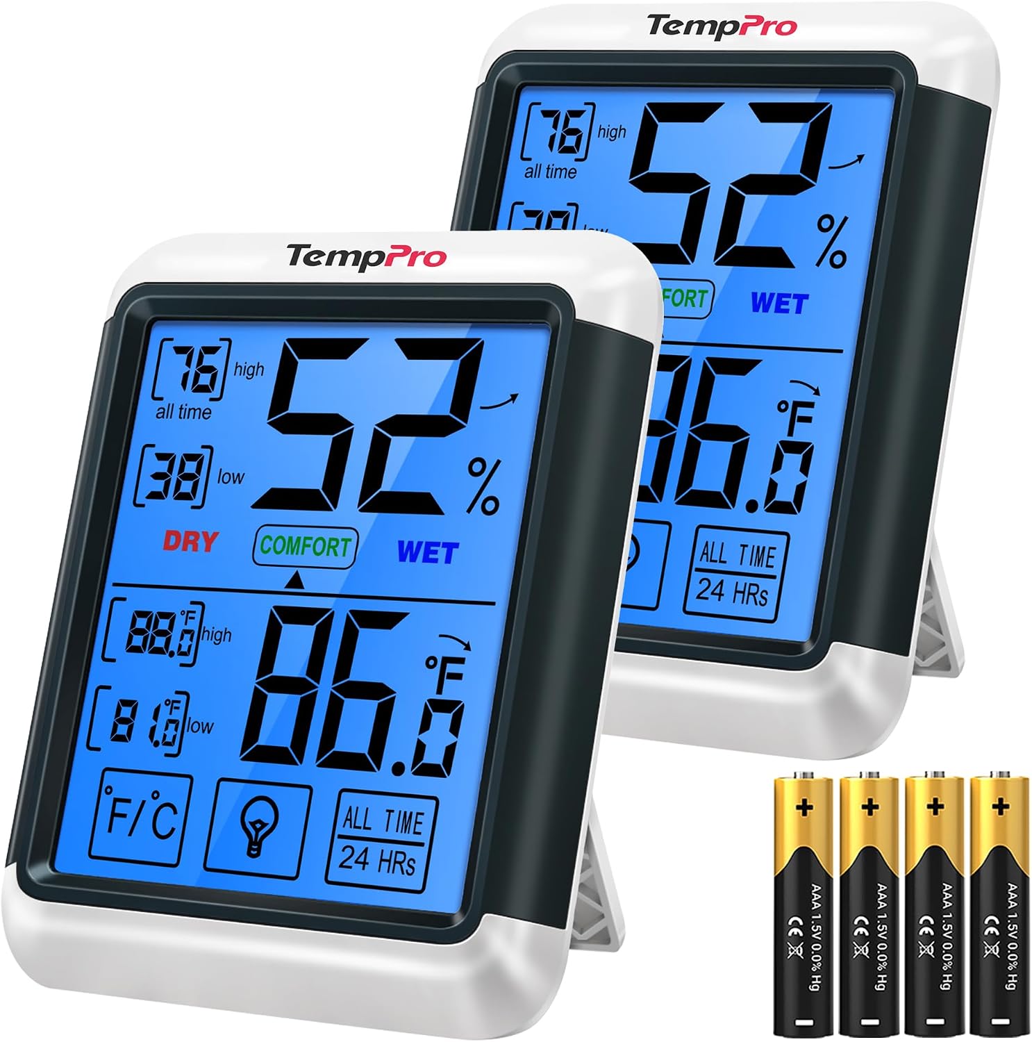 TempPro TempAir Digital Indoor Hygrometer Thermometer with Touchscreen | 4-Inch Temperature/Humidity Monitor with Backlit, Room Thermometer/Humidity Meter for House Home Greenhouse