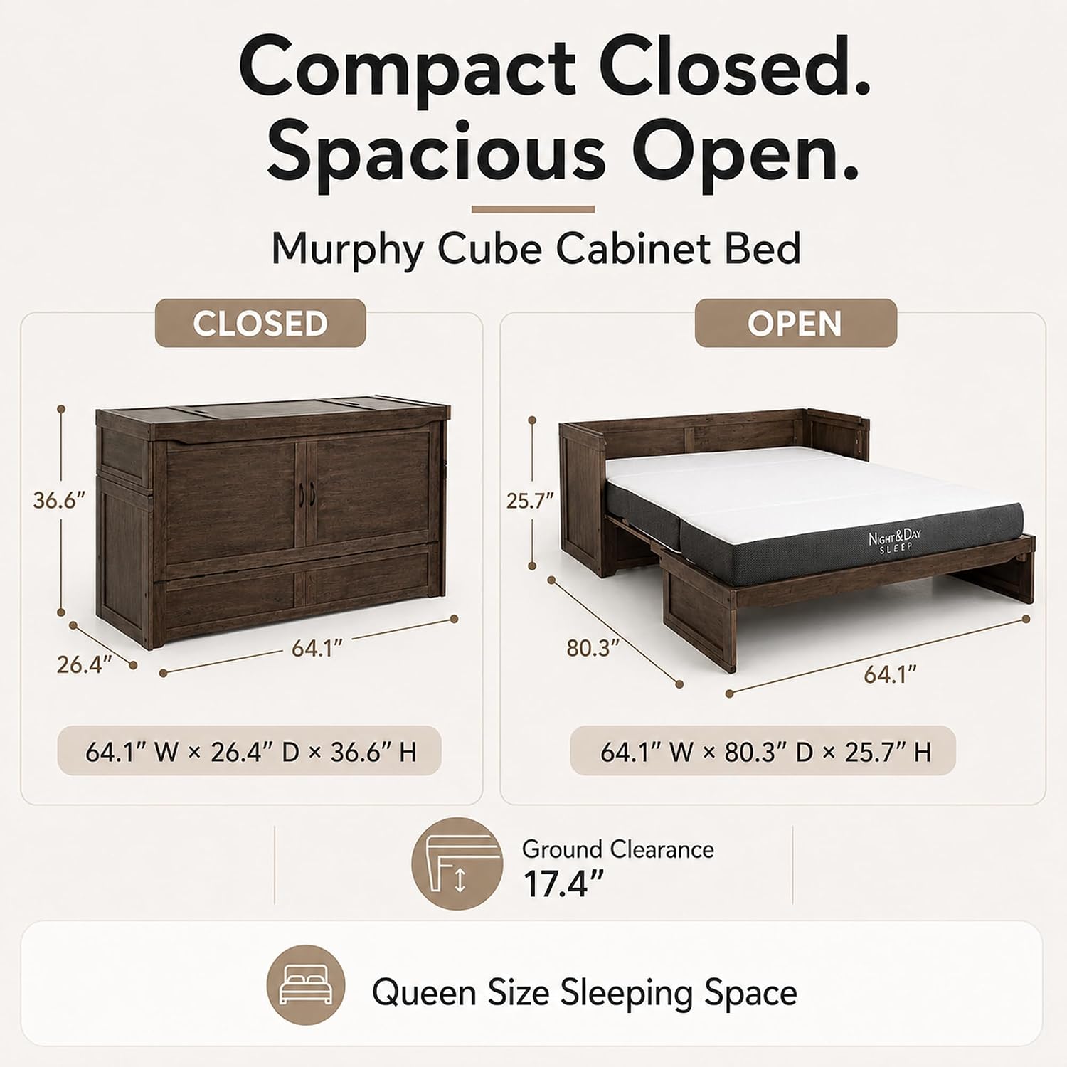 NIGHT & DAY Furniture Murphy Cube Cabinet Bed Pre-Assembled (Cherry, Queen) | Pre-Assembled