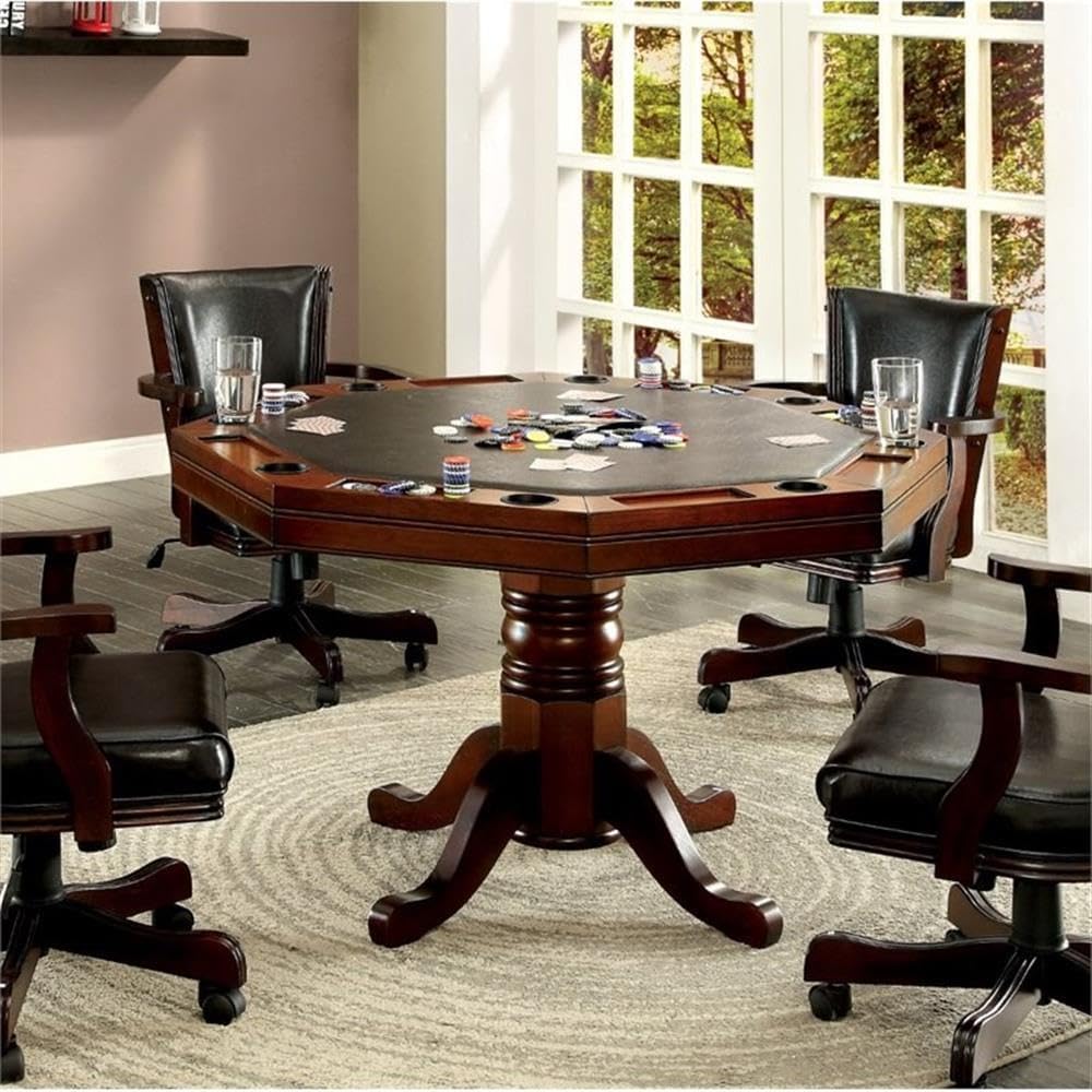 Furniture of America Deaton 48" x 48" Traditional 8-Sided Octagon-Shaped Wood Gaming Table with Inter-Changeable Top, Cupholder, Pedestal Legs