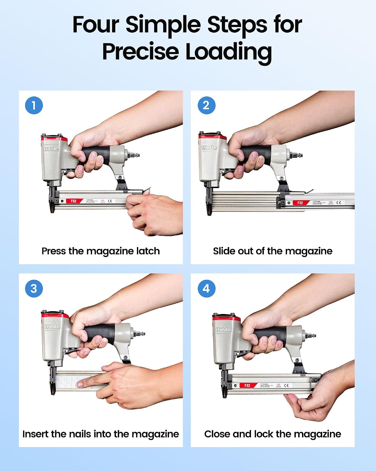 meite F32 Brad Nailer 18 Gauge 3/8" to 1-1/4" Pneumatic Tool for Woodworking Projects