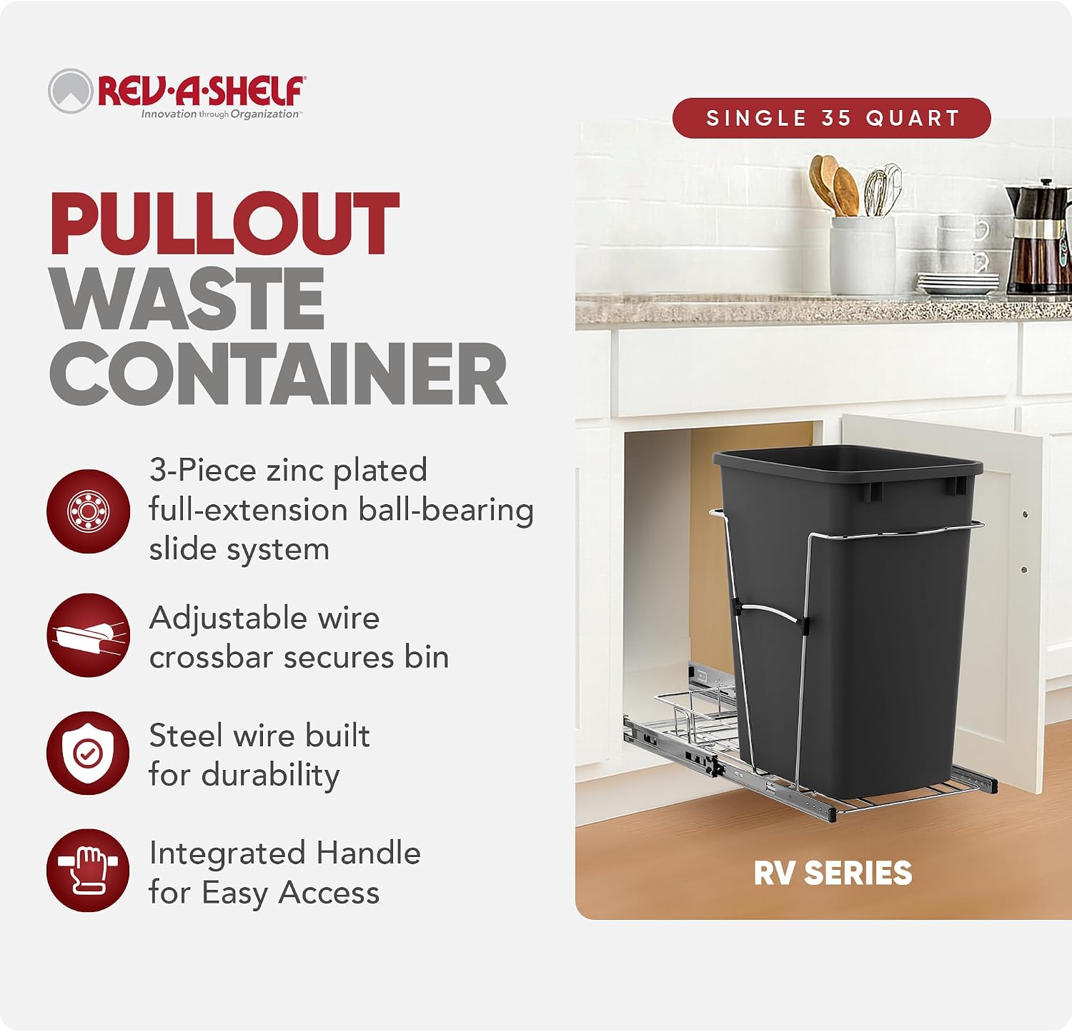 Rev-A-Shelf Pullout Trash Can for Kitchen Cabinets, Black Waste Bin, 35 Qt | Large Capacity Garbage/ Recycling Waste Container, Heavy Gauge Metal Wire Construction w/Full Extension Slides, RV-12KD-18C S