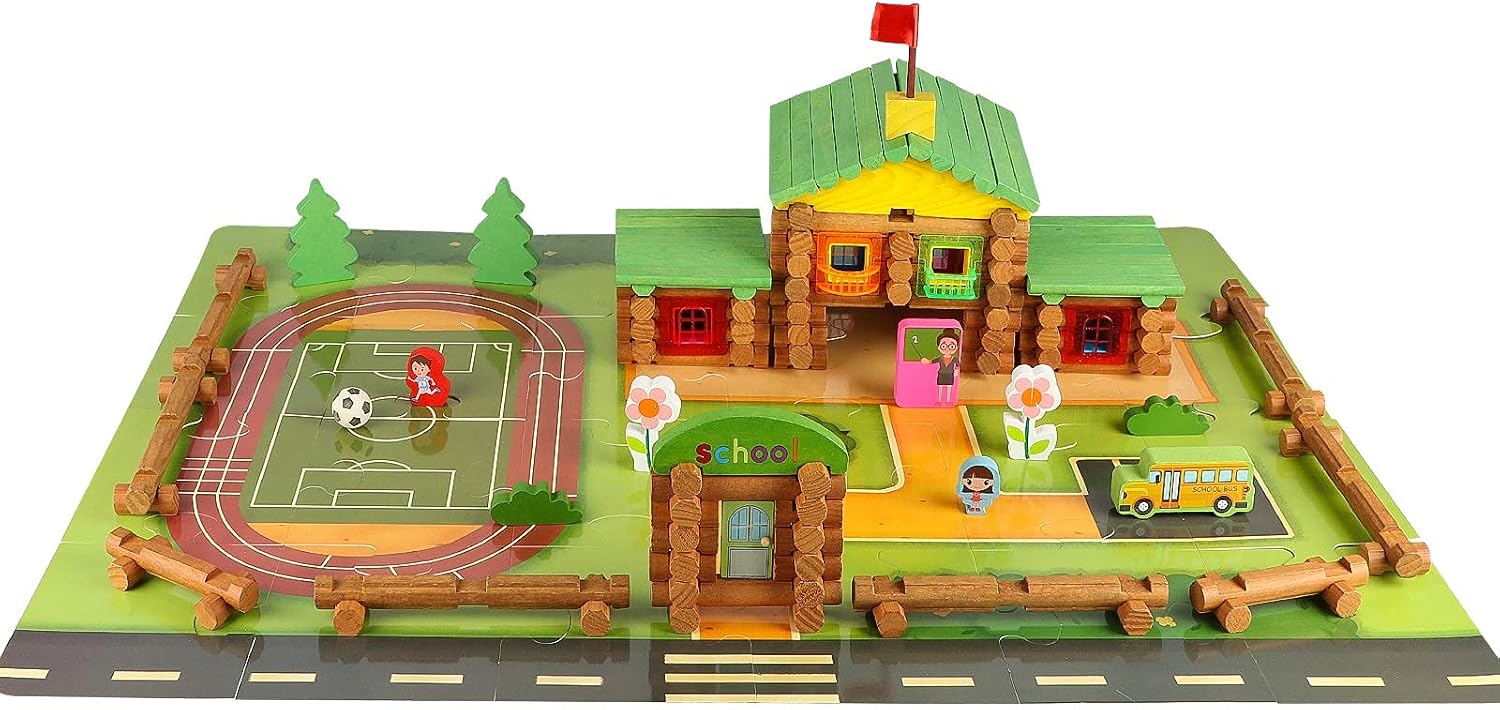 Wondertoys 170 Pieces Wood Logs Set Ages 3+, Classic Building Log Toys for Boy, Creative Construction Engineering Educational Gifts