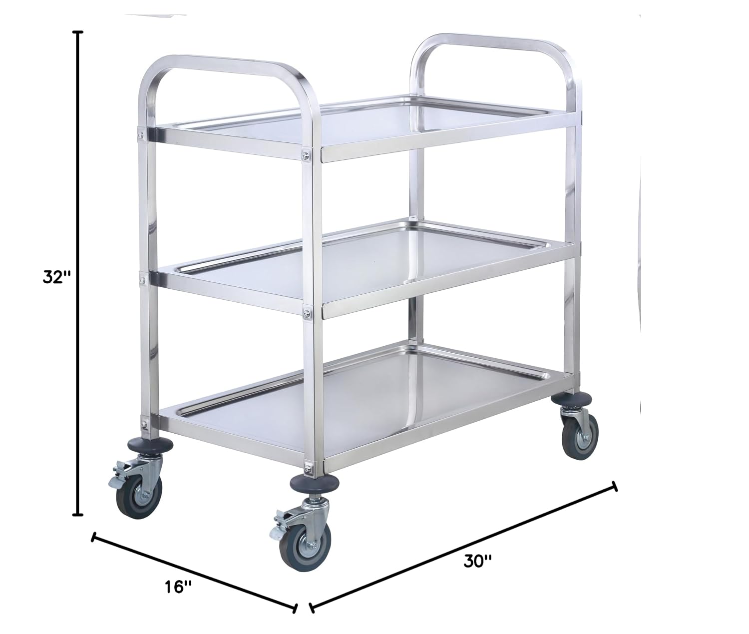 Stainless Steel 3-Level Trolley - 30" x 16" x 32" | Great for Transport, Storage, Back-of-house and Foodservice