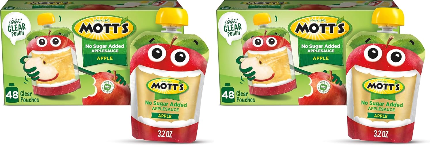 Mott's No Sugar Added Applesauce, 3.2 Oz Clear Pouches, 48 Count (4 Packs Of 12), Good Source Of Vitamin C, No Artificial Flavors