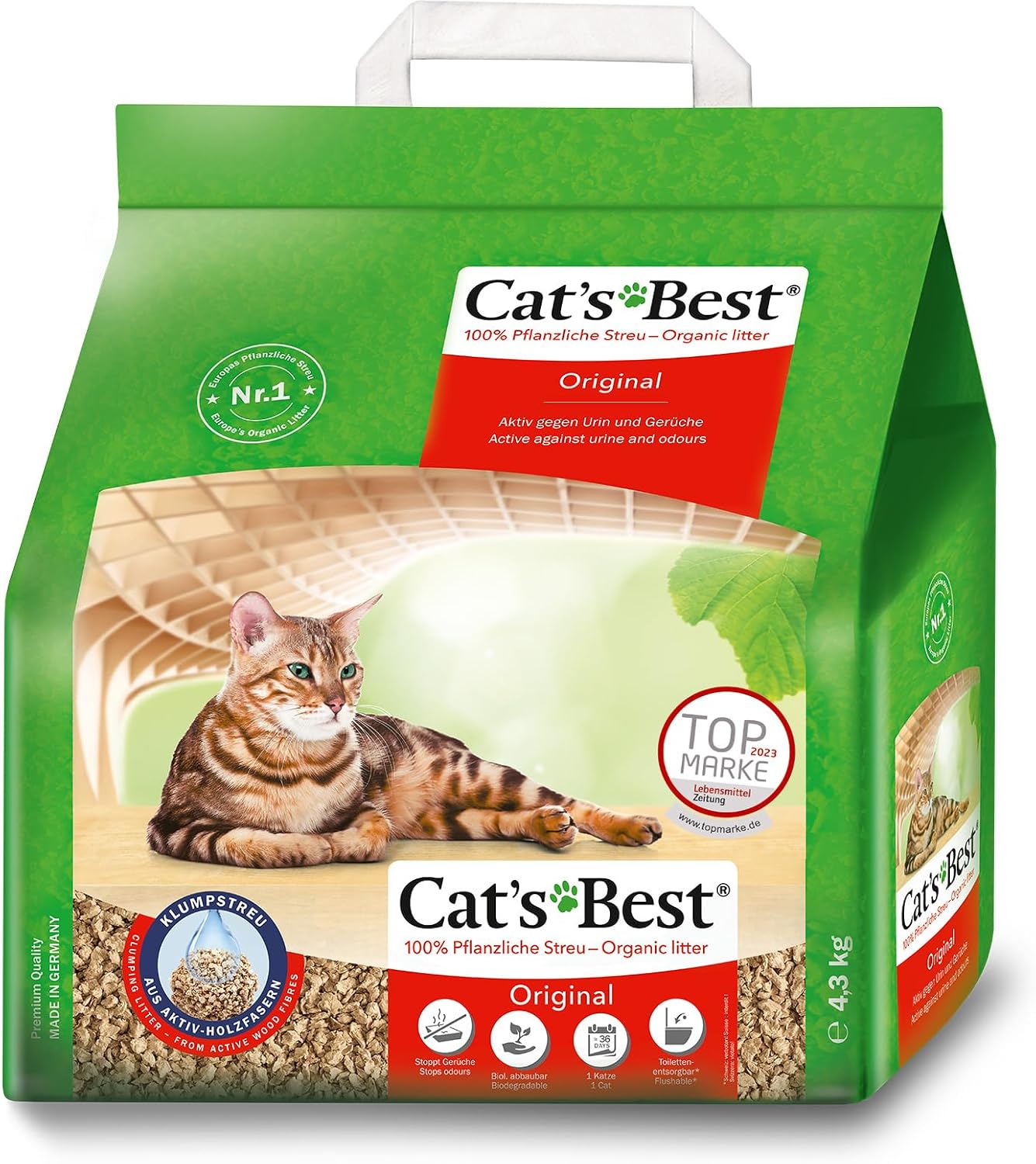 Cat's Best Original Clumping Wood Fibre Cat Litter 20 L / 8.6 kg | Clumping wood fibre cat litter - odour encapsulating, biodegradable, flushable - long-lasting and economical granules