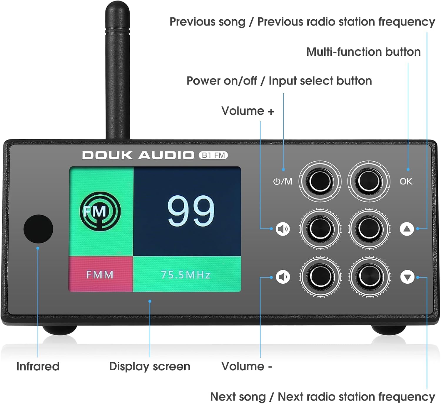 Douk Audio B1FM Bluetooth 5.1 Receiver DAC, HiFi Stereo Music Player with LDAC & aptX HD, Premium FM Radio, Optical & Coaxial Digital Outputs