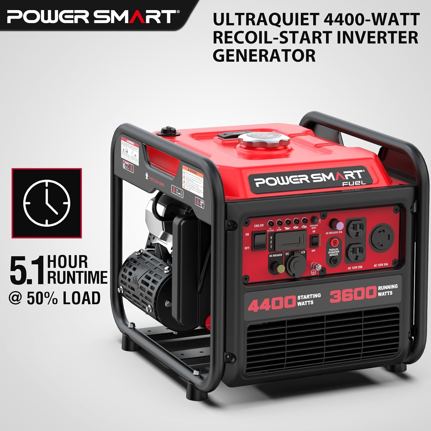 PowerSmart 4400-Watt Open Frame Inverter Generator, Gas Powered, CO-Sensor, Lightweight & Quiet for Home Use and Emergency Backup, Camping, EPA Compliant