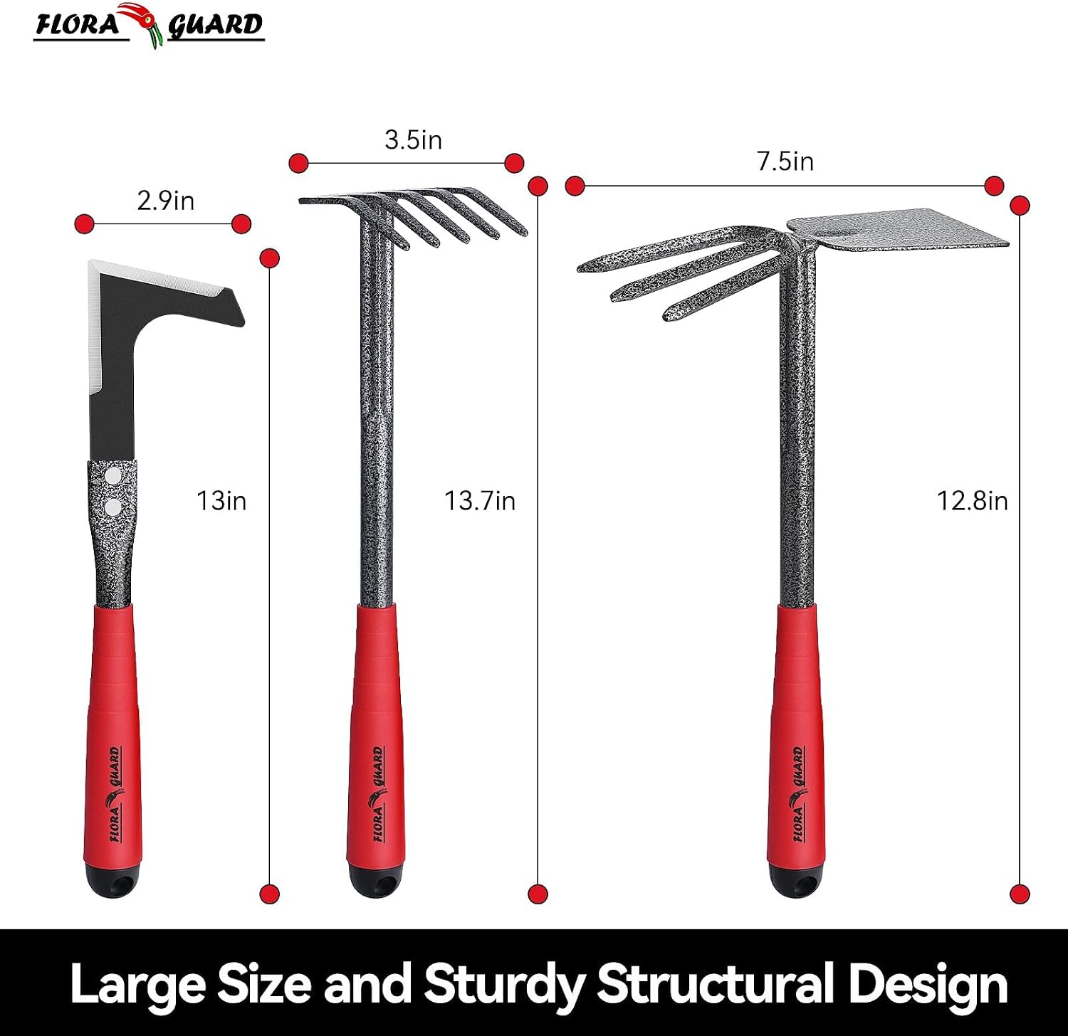 FLORA GUARD 6-Piece Garden Tool Set | Heavy Duty Gardening Hand Tools with High Carbon Steel Including Trowel, Rakes, 2-in-1 Hoe and Crack Weeder