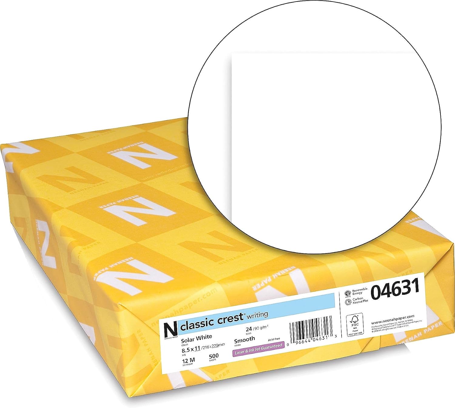 Neenah Paper 04631 CLASSIC CREST Paper, 24lb, 97 Bright, 8 1/2 x 11, Solar White, 500 Sheets