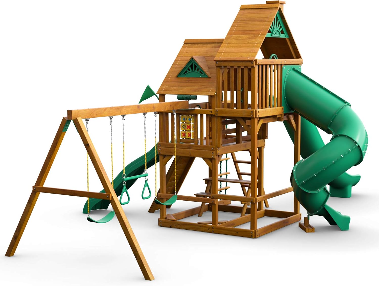 Gorilla Playsets 01-0031-AP Great Skye II Wood Swing Set with Wood Roof, 3 Slides, and Rock Wall, Brown