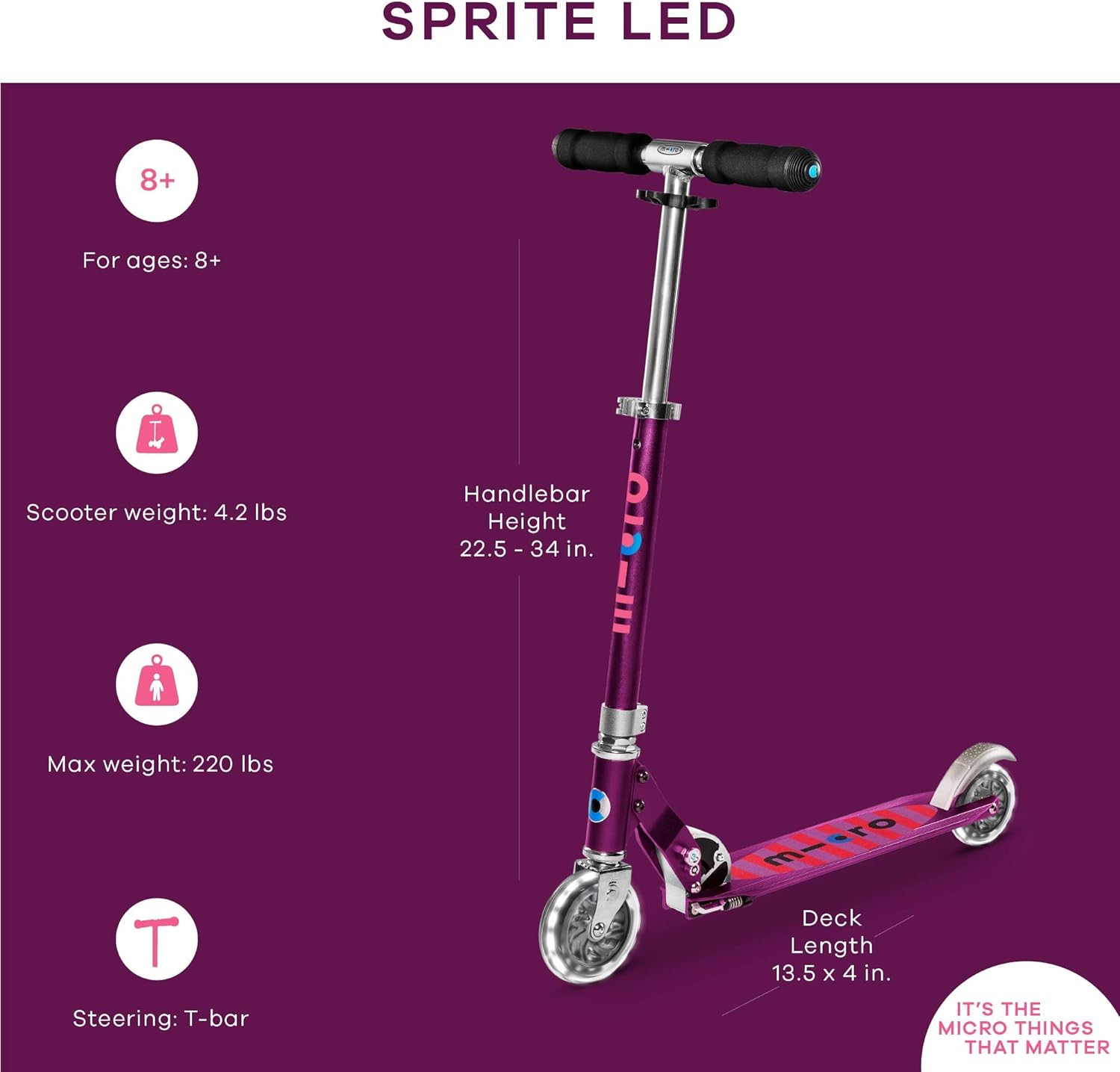 Micro Kickboard | Sprite Foldable LED Scooter for Ages 6+ | Children up to 220 lbs | 2 Wheel | Travel Ready | Adjustable T Bar | Smooth Ride