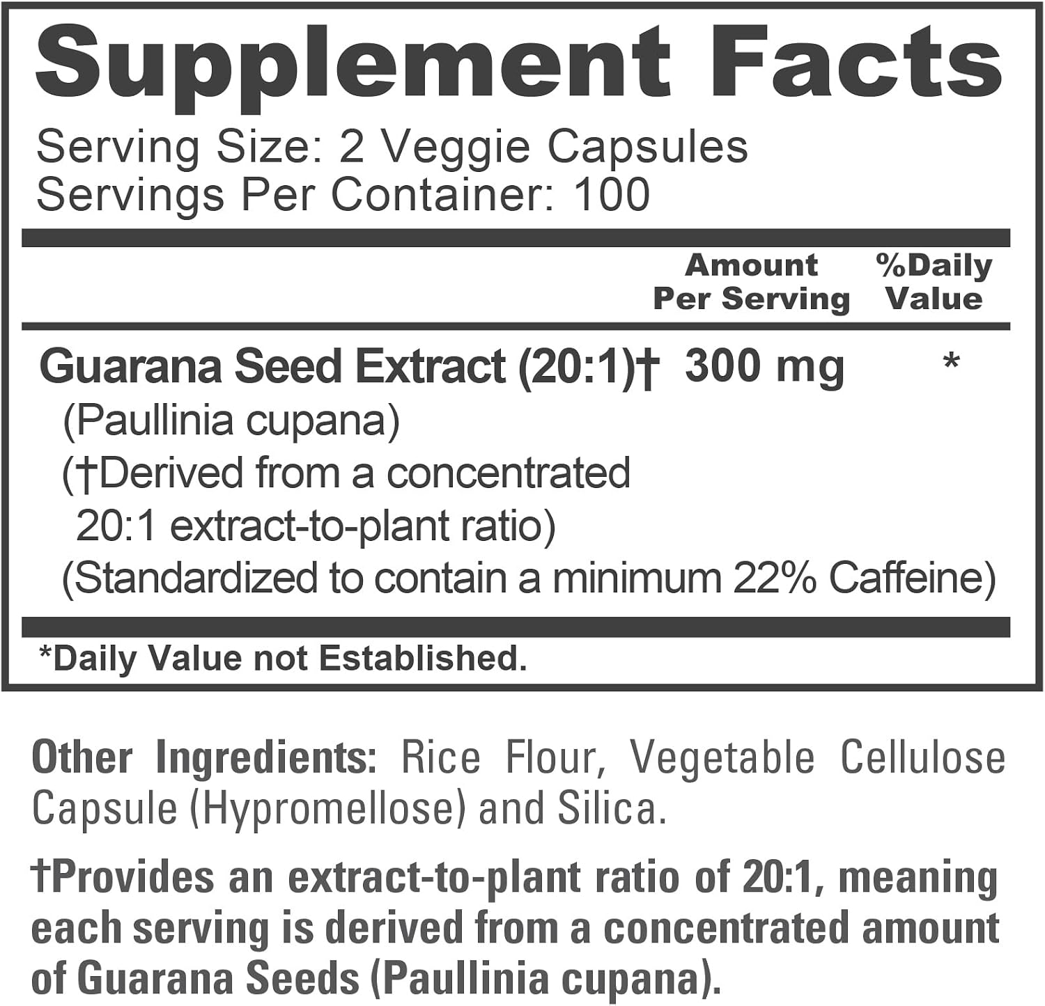 Guarana seed, Non-GMO, Vegan, 300mg, 200 Veggie Capsules - 100 Servings | Plant Based, 20:1 Paullinia cupana Extract, 22% Caffeine
