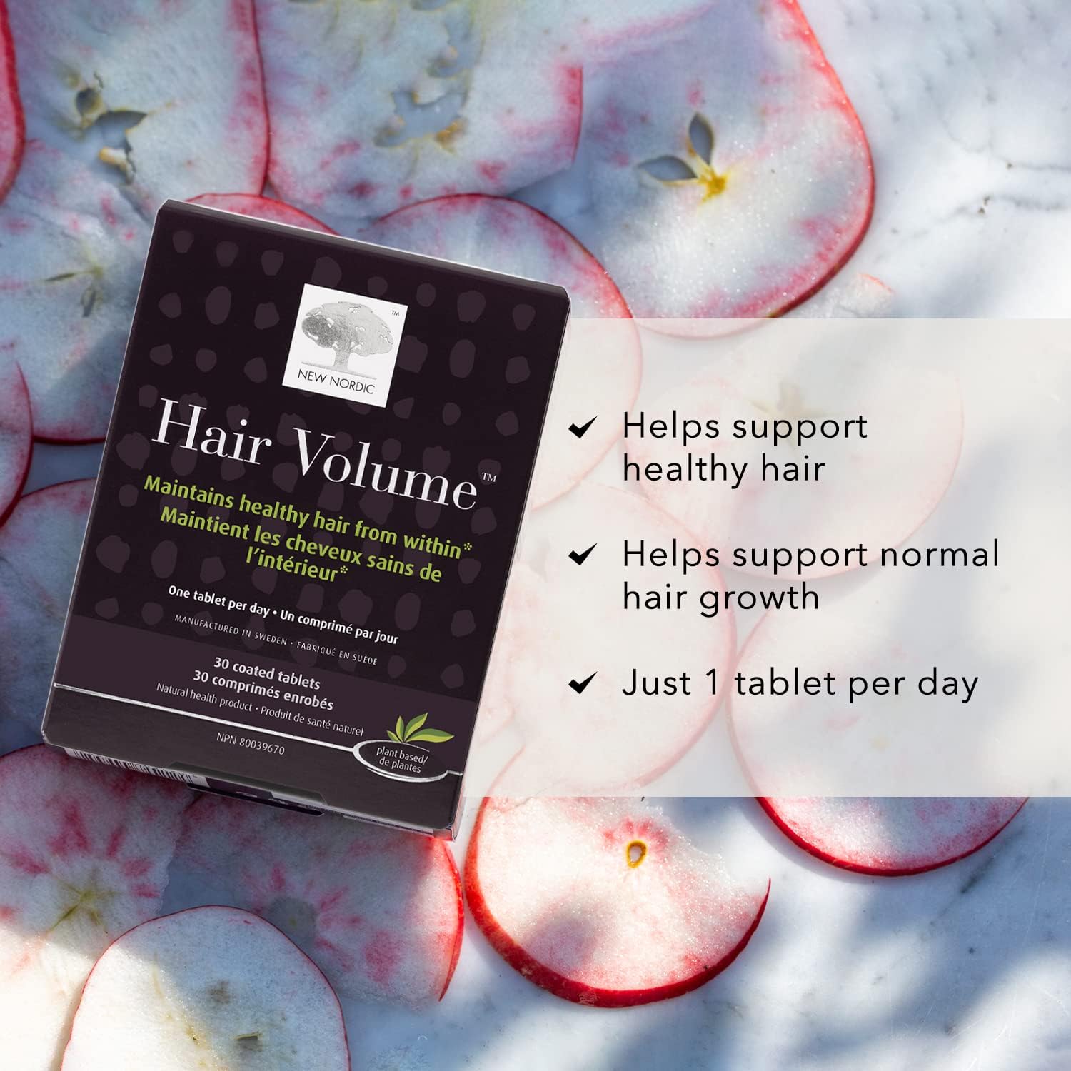 NEW NORDIC Hair Volume Daily Biotin Support Supplement | 90 Tablets | Daily hair supplement tablets made with biotin and Annurka apple extract for simple incorporation into your daily routine