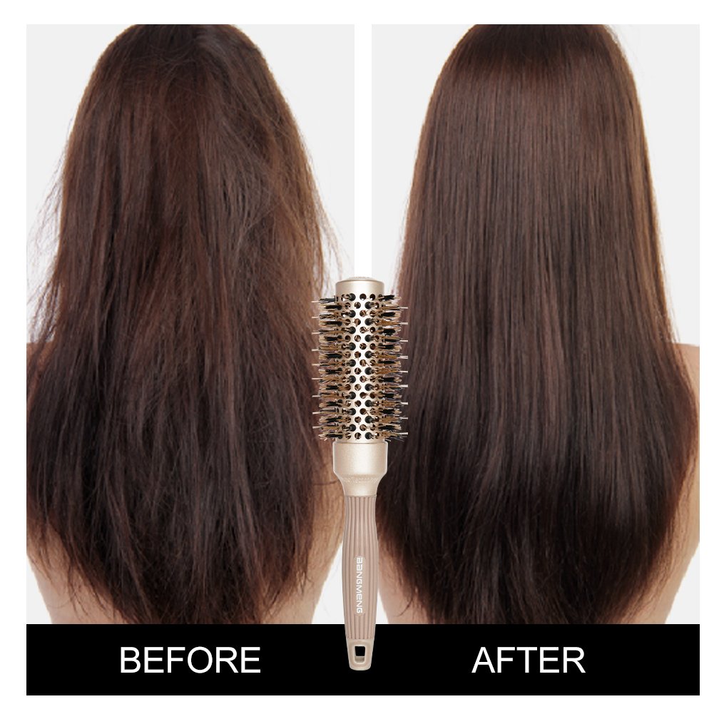 BANGMENG Round Brush with Boar Bristles, 1 inch Barrel, Nano Thermal Ceramic Ionic Tech for Straightening and Blow Drying, Gold