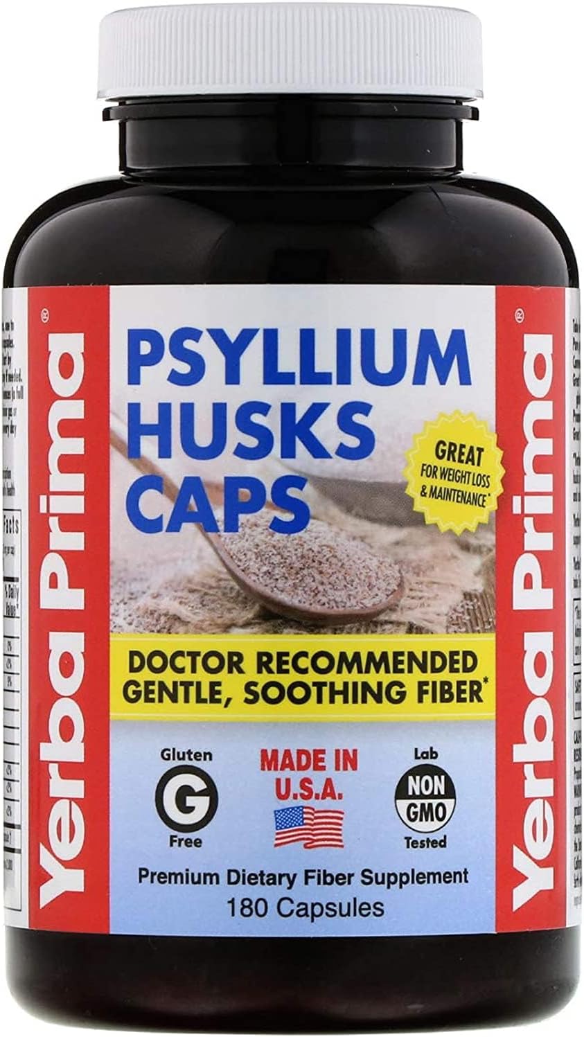 Yerba Prima Psyllium Husk Caps - 180 Capsules (Pack of 2) - Easy to Swallow Fiber Supplement - Colon Cleanse - Gut Health - Non-GMO Gluten Free