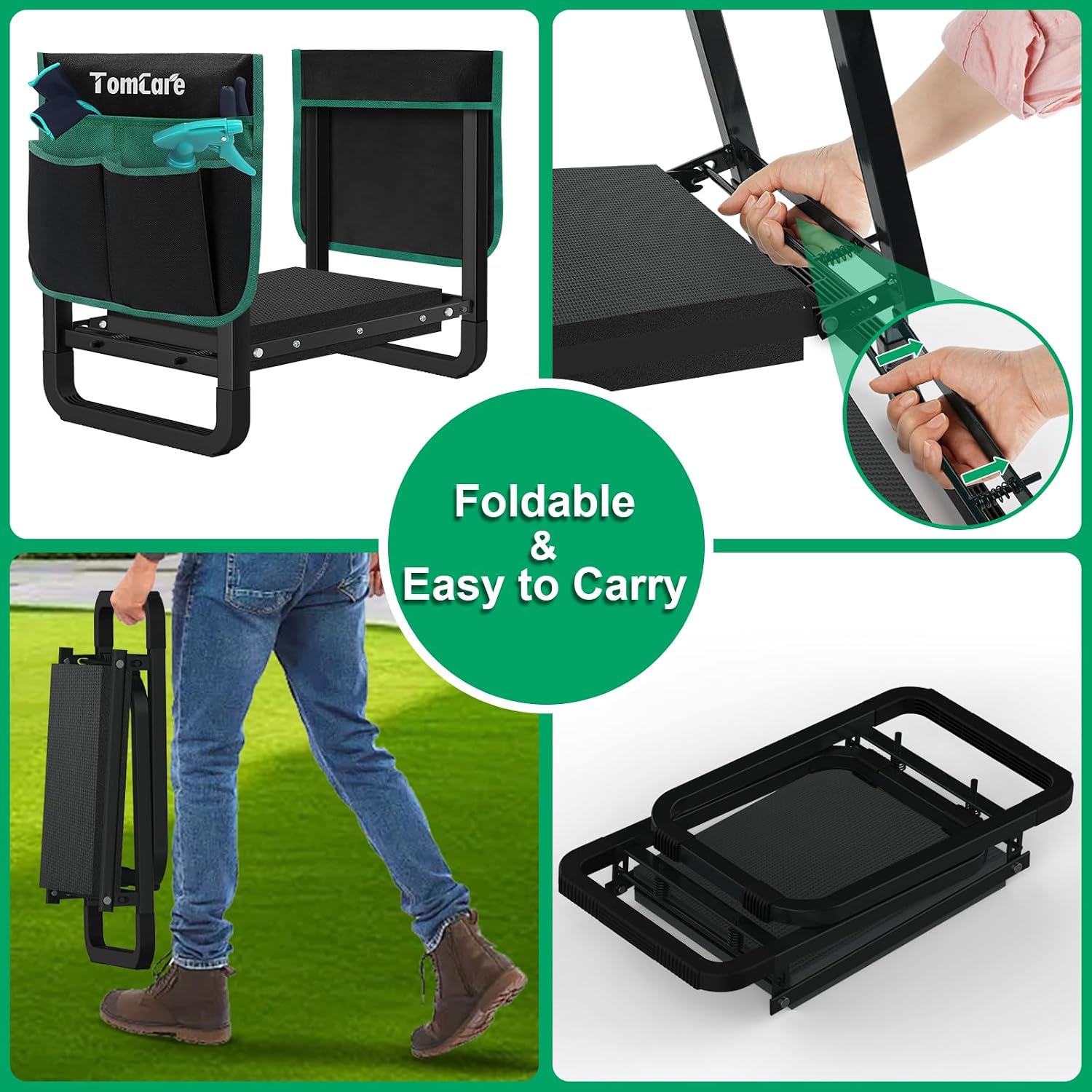 TomCare Garden Kneeler and Seat, 11.12" Kneeling Pad Sturdy Garden Bench | Heavy Duty Garden Stool, 450 lbs Load Capacity, 2 Tool Pouches, Foldable Design, Gardening Gift for Women, Men and Gardeners