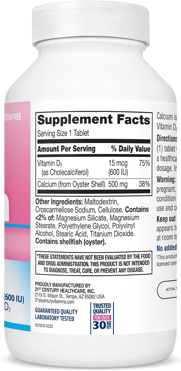 21st Century Calcium 500 Plus Extra D3 Caplets, Bone Health, 400 Count | Calcium 500 mg with Extra Vitamin D3 600 IU, Bone Strength & Density Support