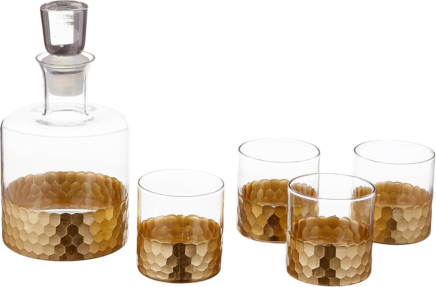 Fitz and Floyd Daphne Decorative Whiskey Decanter Set with Top Glass for Wine, Bourbon, Brandy, Liquor, 5 Piece, Gold