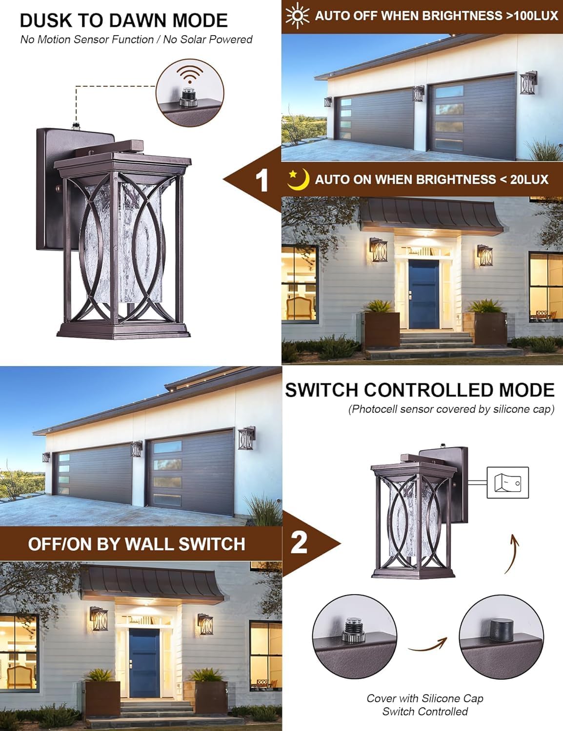 Dusk to Dawn Modern Outdoor Coach Lantern Exterior Light Fixtures Black Aluminum with Crack-Like Glass Waterproof Wall Sconce Mission Outside Light