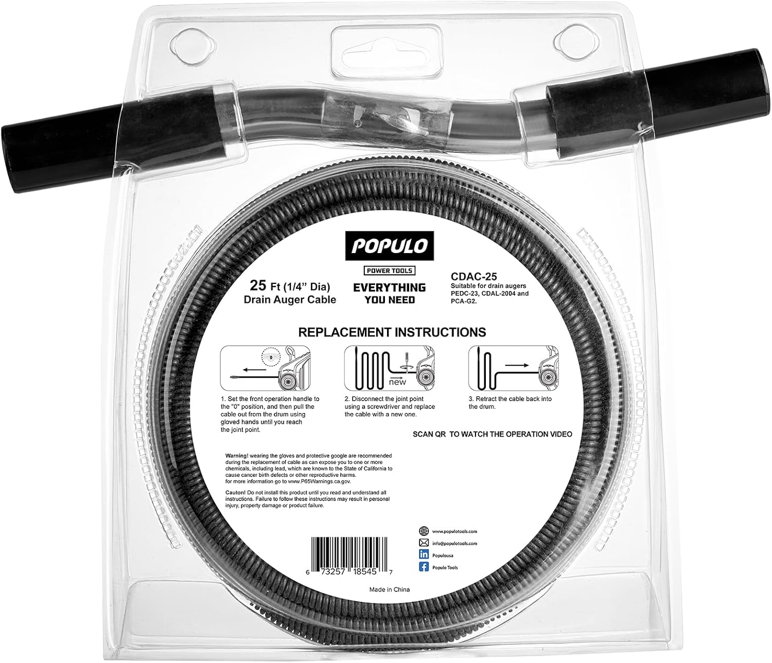 POPULO 25FT Replaceable Cable, Compatible with POPULO Electric Drain Auger(CADL-2004, PEDC-23), Supports Manual Operation.