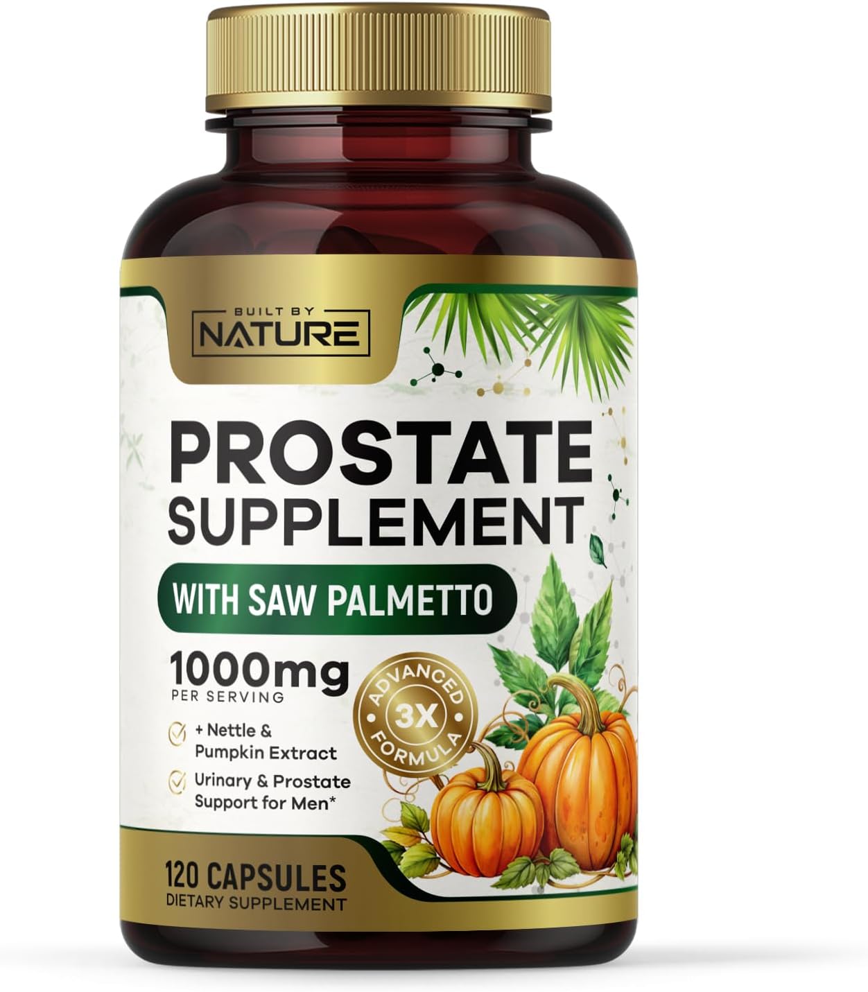 Built by Nature Prostate Supplement for Men, 120 Capsules Saw Palmetto, Advanced 3X Formula, Stinging Nettle and Pumpkin Seed Extract
