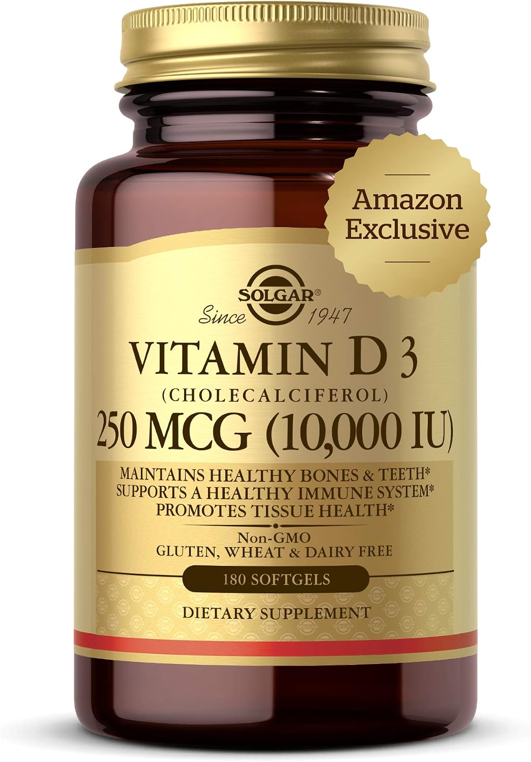 Solgar Vitamin D3 (Cholecalciferol) 250 MCG (10,000 IU), 120 Softgels - Helps Maintain Healthy Bones & Teeth - Immune System Support - Non GMO, Gluten/ Dairy Free - 120 Servings