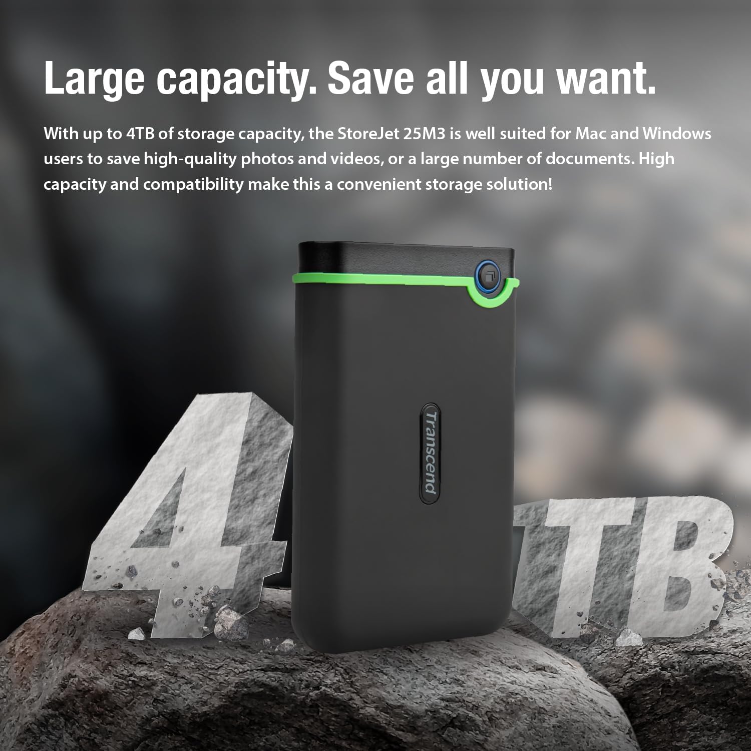 Transcend 4TB StoreJet 25M3 Rugged Portable HDD, One Touch Backup