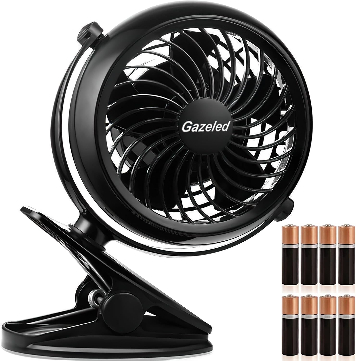 Gazeled Clip on Fan Battery Operated, 360° Rotation, with 8 Free AA Batteries, Quiet USB or Battery Operated Fan