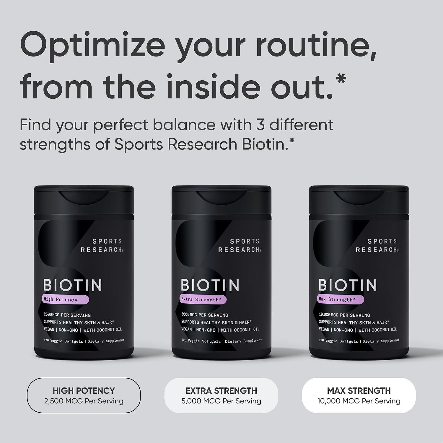 Sports Research® Biotin 10,000mcg w/Coconut Oil, 120 Count Plantgels™ | Max Strength Vegan Biotin (Vitamin B7) for Healthy Skin and Hair Support | Non-GMO, Gluten & Soy-Free, 120 Servings
