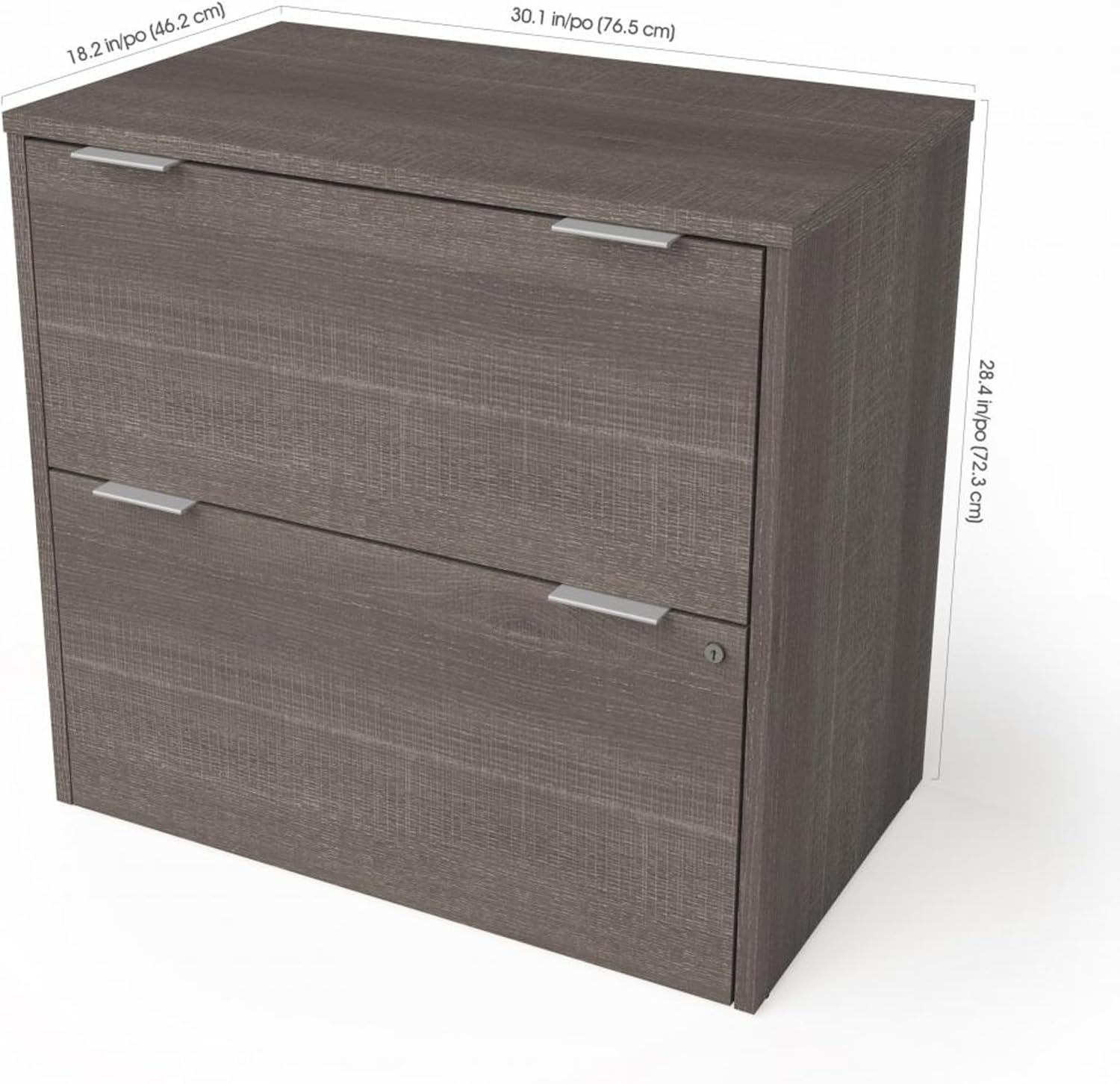 Bestar i3 Plus 31W Lateral File Cabinet in bark Grey | Ball-bearing drawer slides; Particle board construction; Contemporary style