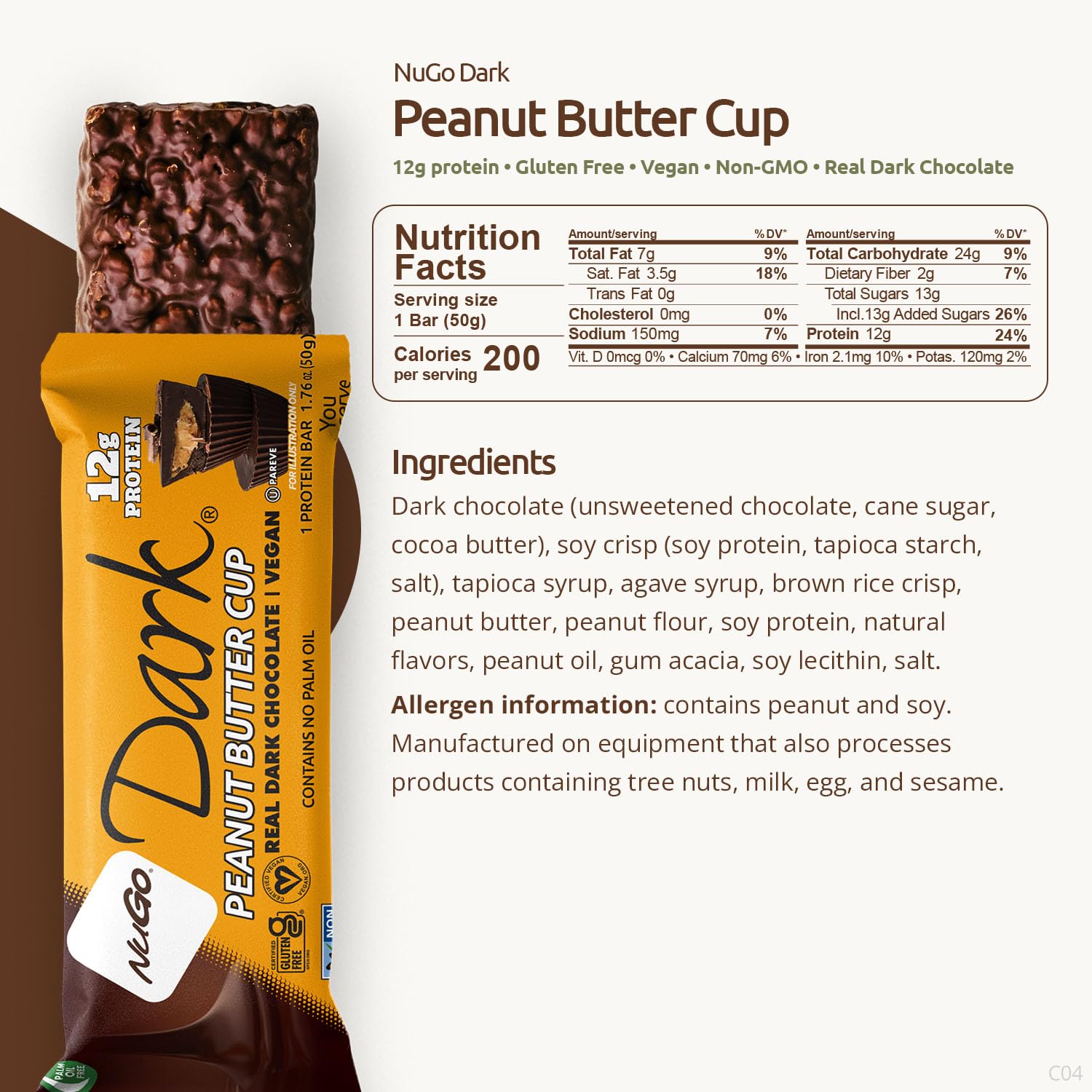 NuGo Dark, Mint Chocolate Chip, 13g Vegan Protein Bar, Gluten Free, 24 CT