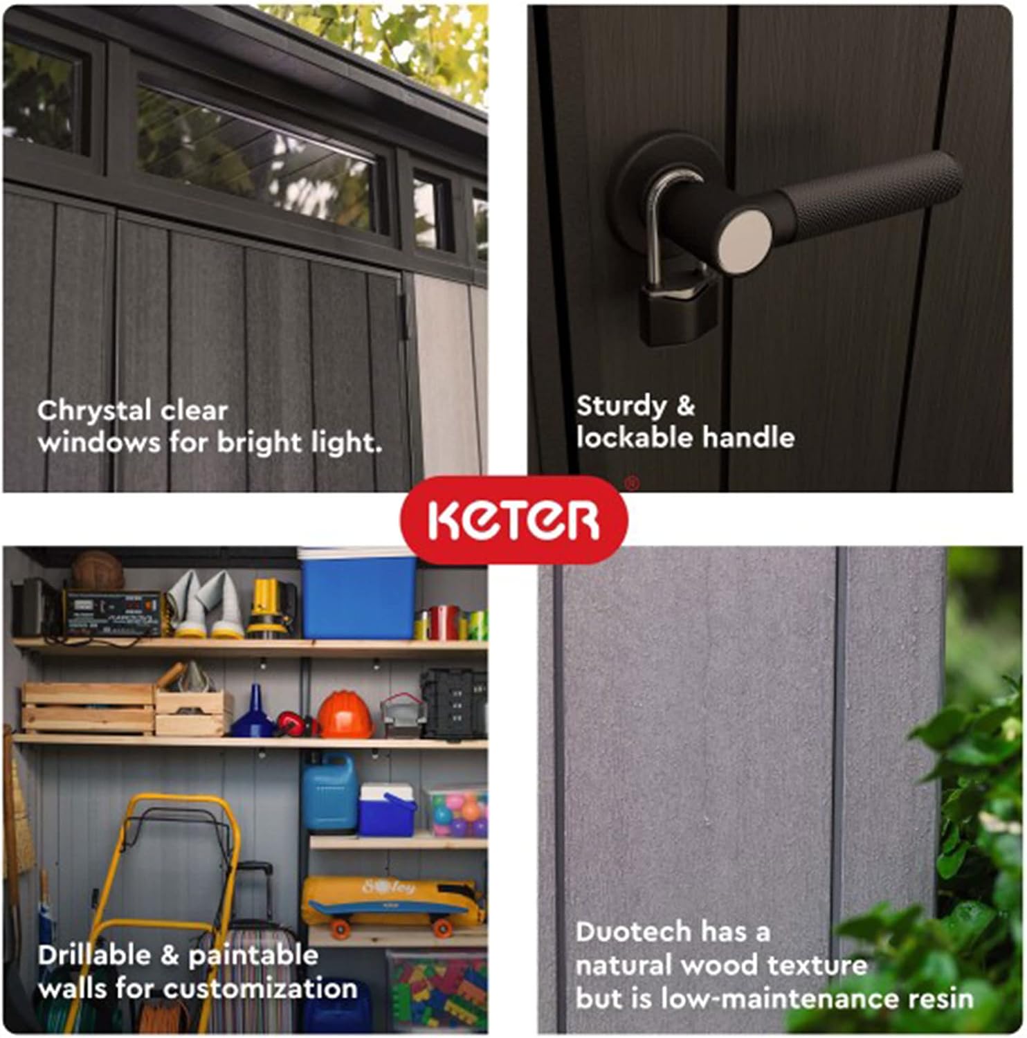 Keter Artisan 9x7 Foot Large Outdoor Shed with Floor with Modern Design for Patio Furniture, Lawn Mower, Tools, and Bike Storage, feet, Grey/Black