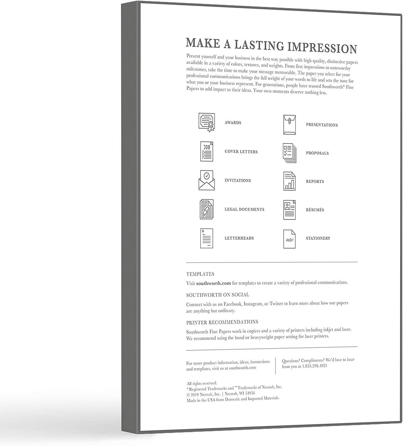 Southworth® 100% Cotton Résumé Paper, 8 1/2" x 11", 32 Lb, 100% Recycled, White, Pack of 100