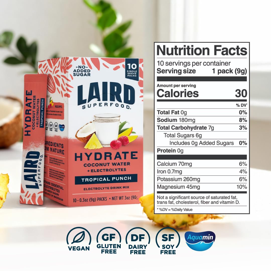 Laird Superfood HYDRATE Coconut Water Powder Drink Supplement with Coconut Water and Auqamin, All Natural, No Added Sugars, Gluten-Free, Non-GMO, Vegan, 8 oz. Bag, Pack of 1