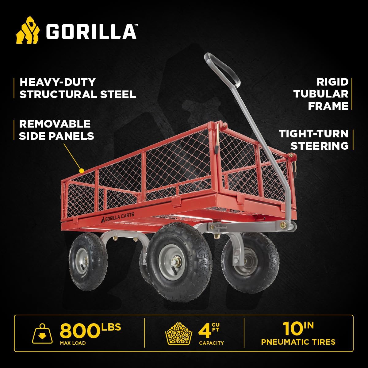 Gorilla Carts 800-Pound Capacity Heavy Duty Steel Mesh Versatile Utility Garden Wagon with Easy Grip Handle for Outdoor Hauling, Red, Model GOR800-COM | 800-lb Capacity Steel Utility Garden Cart for Homeowners and Contractors Hauling Firewood, Bricks and…