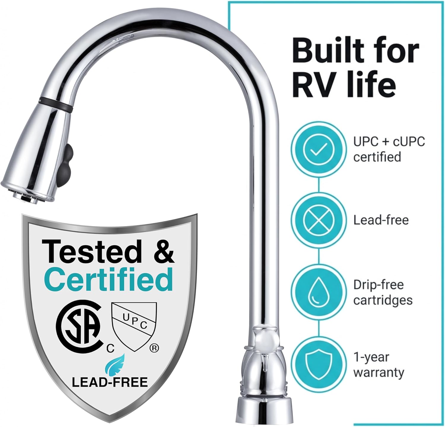 Dura Faucet DF-PK350L-SN RV Pull-Down Kitchen Sink Faucet (Satin Nickel) | Stream-to-spray sprayer with a corrosion-resistant non-metallic build. Brushed Satin Nickel. Plated ABS plastic (not metal).
